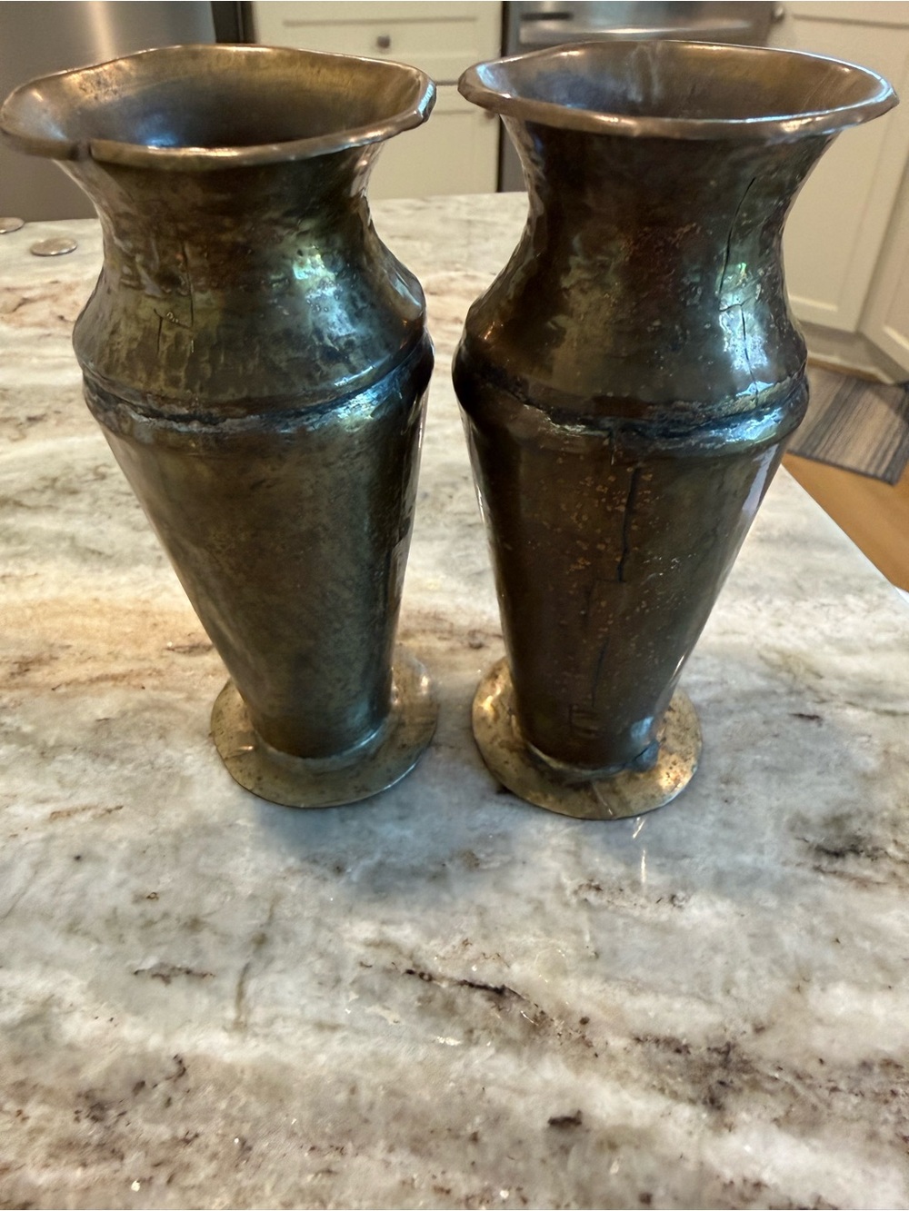 Antique-Style Brass Vase Pair - Brown Brass Finish